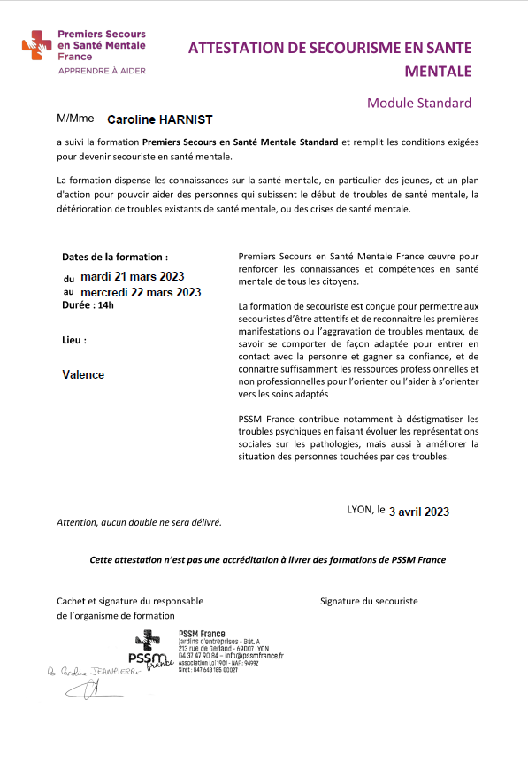 attestation secourisme en santé mentale